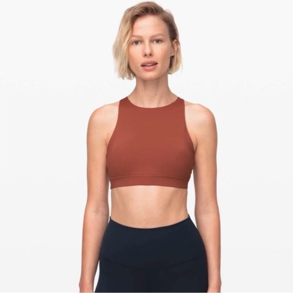 LIKE NEW Lululemon Energy Bra High Neck Rustic Clay Size 6 Orange Criss Cross